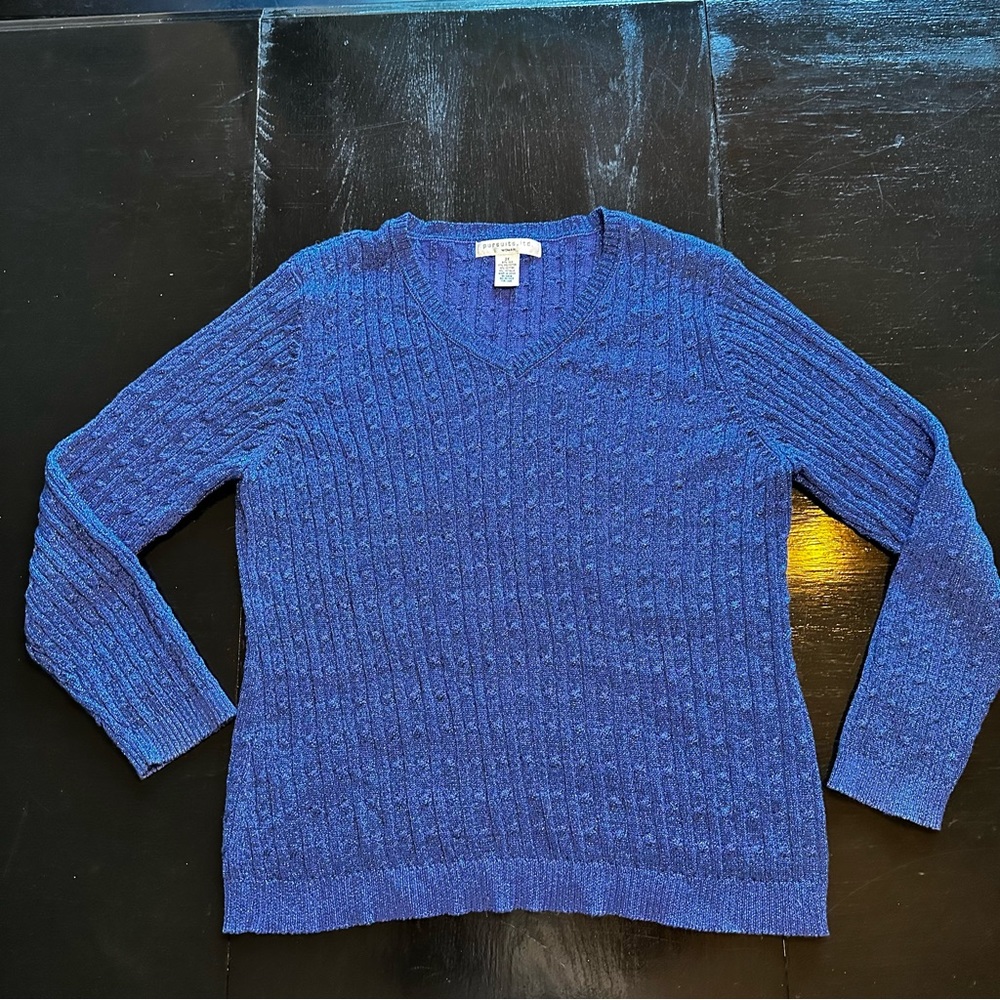 Vintage Pursuits ltd XL Silk Metallic Blue V Neck Deep Sweater Party Club